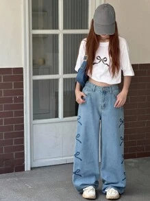 少女宽松阔腿牛仔裤，饰有蝴蝶结刺绣，甜美学生秋季装扮 - 藍色 - 查看 2