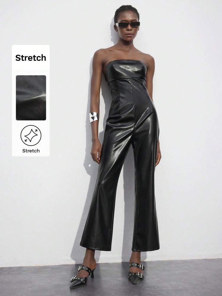 SHEIN Maija Women's Black Bandeau Design Versatile Modern Urban Fashion Stylish Chic Black Cropped Jumpsuit Festival Hippie