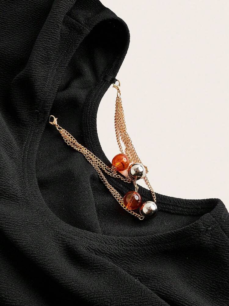 SHEIN Maija Women's Black Side Cut-Out Pearl Decor Dress, Versatile All-Season, Modern Elegant Casual Fashion Sophisticated Lady Long Sleeve Round Neck Fishtail Hem Dress, Great For Valentine's Day Festival