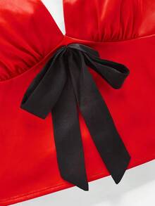 Maija 女式红色前开叉蝴蝶结露背设计吊带背心，春夏时尚，优雅都市时尚设计，细肩带，胸部省道，欧根纱蝴蝶结细节，镂空后背，浪漫，精致，邮轮装，合身，商务休闲 - 紅色 - 查看 11