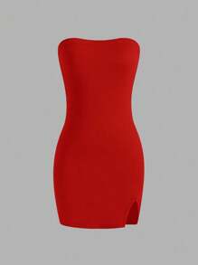 Sweetra 女士纯色修身高开叉抹胸连衣裙，适合新年服装迷你短款女装 - 紅色 - 查看 3