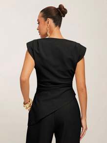 Silquee Women's Casual Solid Color Asymmetric Hem Wide Shoulder Top, Suitable For Work, Summer, Black Sleeveless Top Women Black Top Draped Top Classy Black Top Black Cowl Neck Top