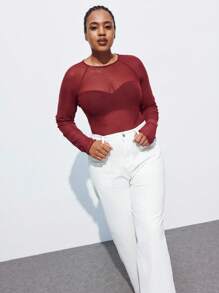 Maija Femmes grande taille Top transparent à manches longues raglan, col rond, couleur unie. Automne, rentrée scolaire, homecoming, vintage, romantique, mode, polyvalent ; confortable, élégant, casual, simple, porter au quotidien, essentiel, couleur unie, décontracté pour les vacances, décent, célibataire, mode élégante, décontracté pour le travail, sortie, remise des diplômes, enseignante, automne