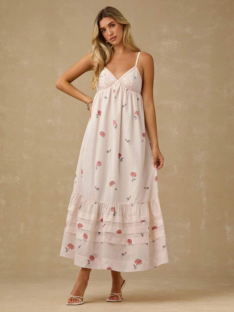 Enchnt Vestido Longo Floral Romântico Feminino para Primavera/Verão em Apricot, com Renda no Busto, Alças Finas, Babados na Barra e Costas Abertas, Doce e Elegante para Férias, Encontros, Feriados, Festas, Formatura, Convidados de Casamento e Praia, Vestido de Formatura, Vestidos de Verão Femininos, Vestidos de Verão, Roupas de Verão, Vestidos Elegantes para Festa - Multicolorido - Visão 1