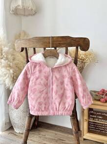 SHEIN 女婴秋冬新款可爱爱心设计保暖连帽外套加厚款 - 粉色 - 查看 3
