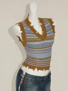 SHEIN ICON سترة مخططة مصنوعة من الأكريليك، بطراز عتيق، مناسبة للارتداء المنزلي، اليومي، والخروج، ملابس نسائية للخريف والشتاء