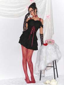 ROMWE Kawaii 1 双女士心形图案紧身裤，适合所有季节的连衣裙 - 紅色 - 查看 1