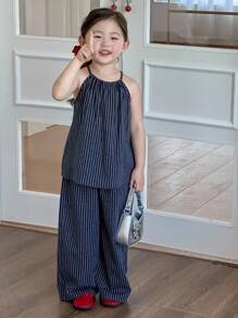 Dazy Kids 韩版少女吊带条纹休闲无袖背心和宽松阔腿牛仔裤两件套