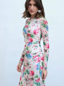 Maija 女式杏色花卉印花网眼连衣裙，优雅性感度假装，圆领，长袖，简约日常风格 - 粉色 - 查看 2