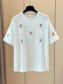 SHEIN LUNE 女士优雅时尚 3D 花卉刺绣珍珠装饰 T 恤，休闲日常穿着 - 白色 - 查看 4