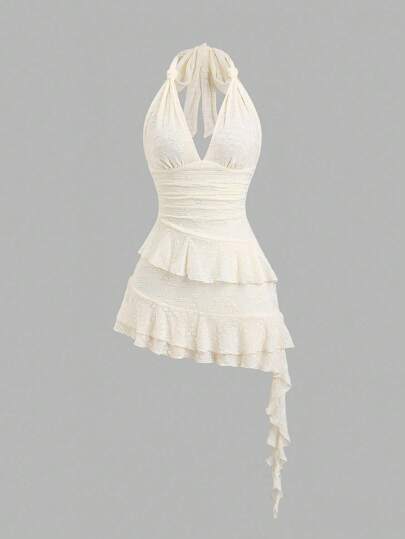 Sweetra Vestido corto casual y dulce de estilo romántico con nudo retorcido, encaje y volantes en el dobladillo para niña, para primavera y verano