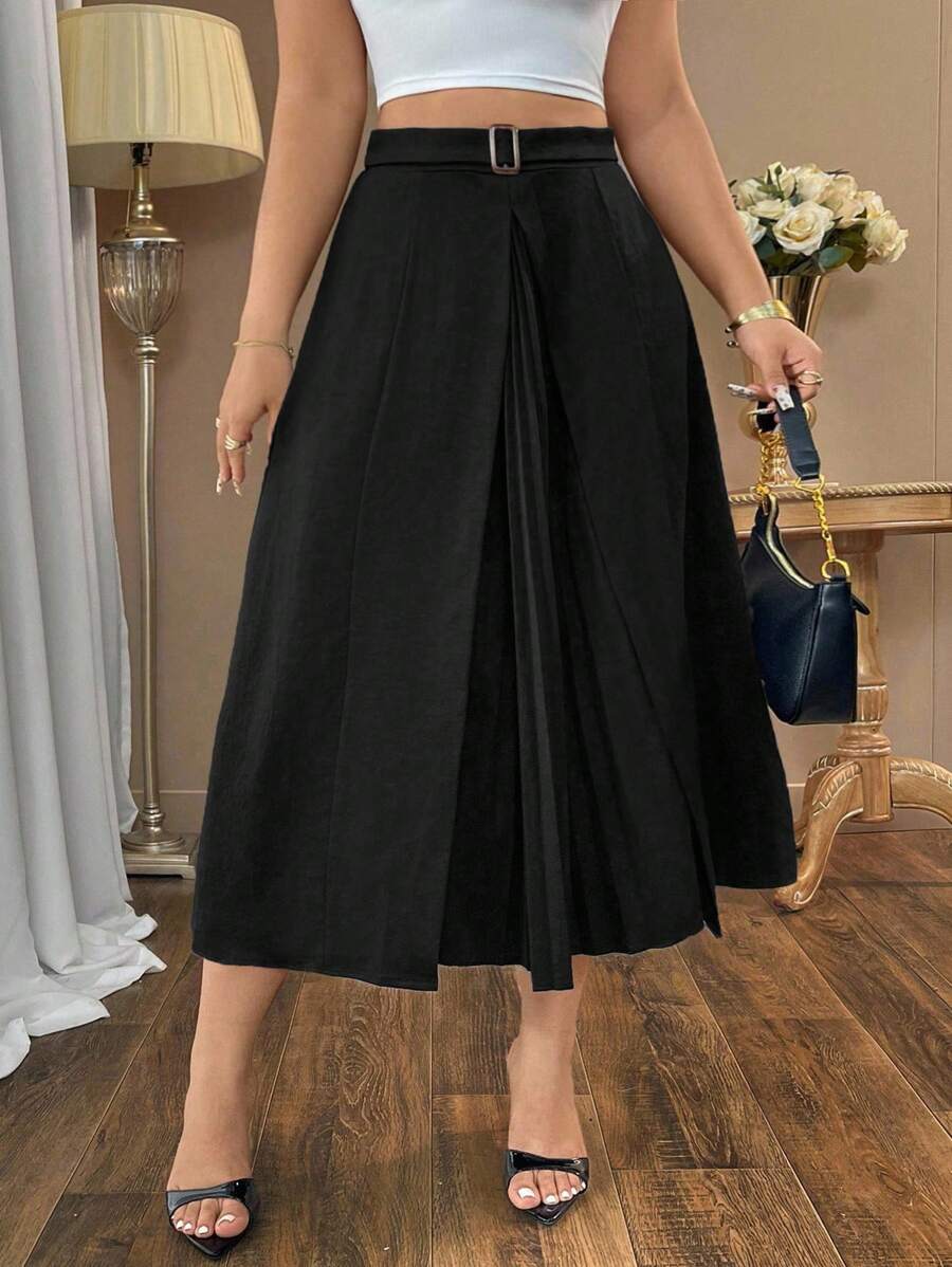 Auvina Plus Size Women Solid Color Pleated A-Line Office Elegant Long Skirt