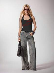 Pretty Bratty Summer Casual Letter Print Halter Neck Backless Top 70s Tops Top Y2K Outfits SXY 2000s Cute Top Back To School Club Outfits Women Sexy - Dark Grey - View 1