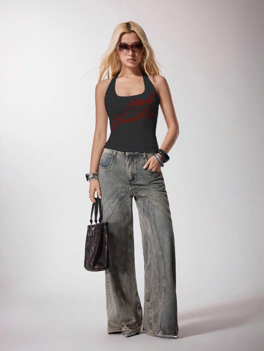 Pretty Bratty Summer Casual Letter Print Halter Neck Backless Top 70s Tops Top Y2K Outfits SXY 2000s Cute Top Back To School Club Outfits Women Sexy - Dark Grey - View 1