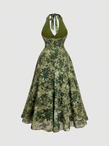 SHEIN MOD Plus Size Floral Print Halter Midi Dress,Wedding Guest Dress Women - Army Green - View 2