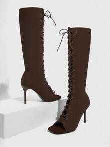 CUCCOO SZL Fashion Criss-Cross Strappy Peep-Toe Knee-High Boots For Christmas - Coffee Brown - View 11