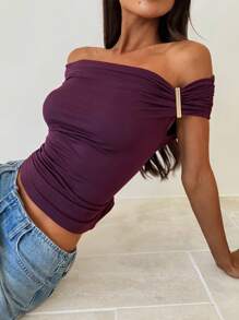 Aloruh Solid Color Pleated Fitted Off Shoulder Elegant Fashion T-Shirt