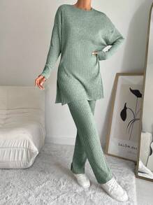 EURMUSE 100%Cotton Drop Shoulder Split Hem Tee & Pants - Mint Green - View 7