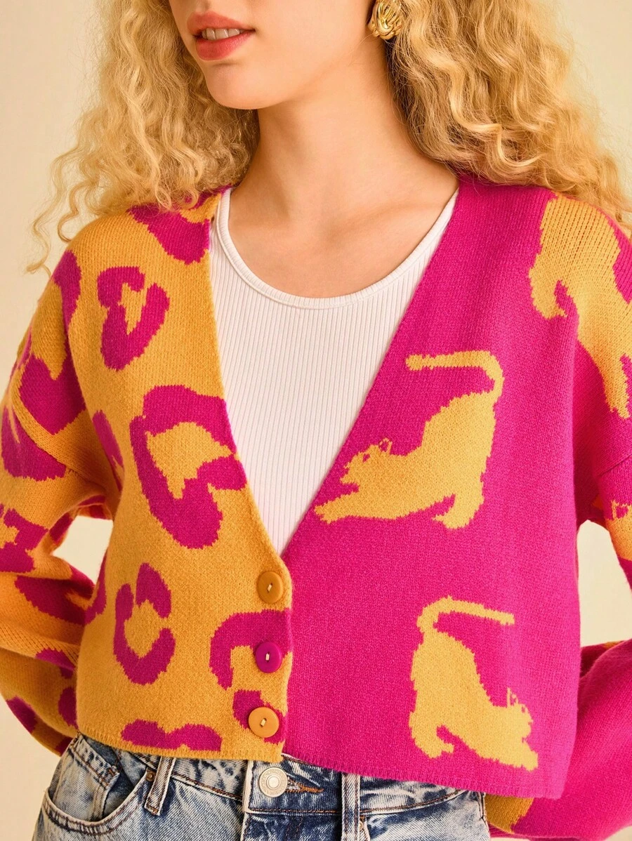 Cárdigan de punto ligero con estampado tropical y divertido de leopardo para mujer en otoño/invierno - Multicolor - Ver 1