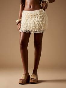 MISSGUIDED Saia Curta com Franjas em Laço, Texturizada, Boêmia, Camadas, Fio Macio, Casual, Dança, Férias, Praia, Festival, Festa, Clube - Damasco - Visão 5