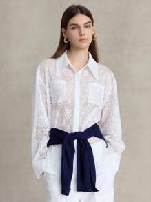 Briarwyn Women's Hollow Out Drop Shoulder Long Sleeve Single Breasted Pocket Loose Blouse,White,Autumn,Elegant,Tea Party,Fall,Back To School,Old Money Style - White - View 7