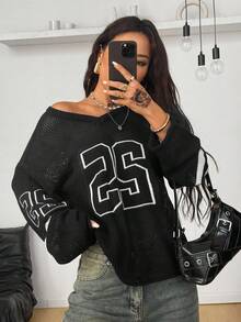 Coolane 男女情侣同款针织条纹数字印花超大针织罩衫，秋冬季跨年/情人节 - 黑色 - 查看 6