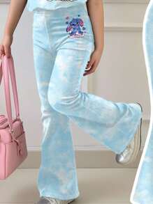 SHEIN 2件套少女休闲可爱卡通蓝兔露露，史迪奇图案，清爽天蓝色扎染圆领短袖T恤和喇叭裤套装，适合夏季 - 彩色 - 查看 4