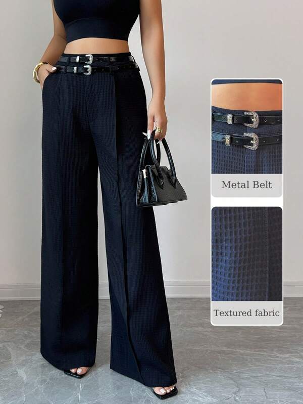 Modelyn Women's Casual Commuter Solid Color Waffle Belt Loop Wide Leg Pants