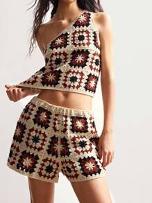 Bohemela Bohemian Women's Resort Retro Style Crochet Top And Shorts Wool Set - Brown - View 4