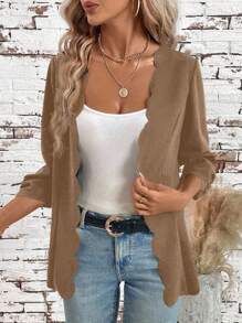 SHEIN Clasi Women's Solid Color Pleated 3/4 Sleeve Open Front Casual Jacket With Shell Trim In Fall/Winter - Camel - View 4