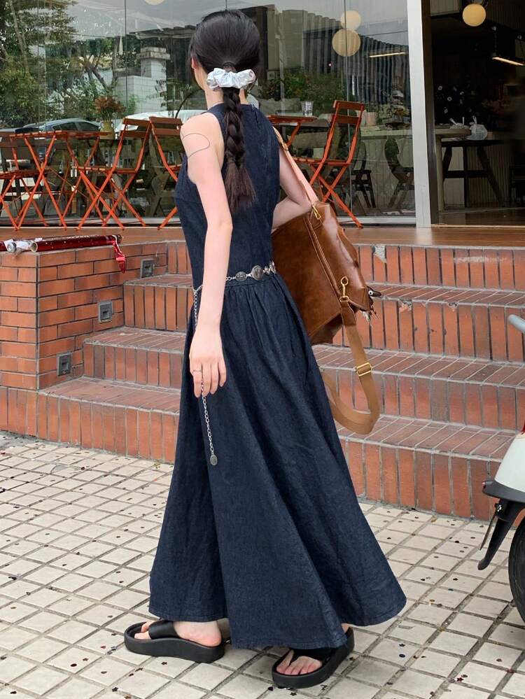 Long V-Neck Sleeveless A-Line Denim Dress, Dark Washed Blue, Summer Maxi Dress