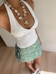 SHEIN Frenchy 女士优雅亮片刺绣侧开衩抽绳腰裙，夏季 - 彩色 - 查看 5