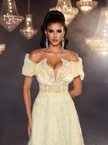 Glamrae 优雅奢华粉色珠绣不对称领口多层泡泡袖长款晚礼服，搭配垂坠裙摆 - 黃色 - 查看 5