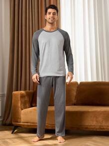 Manfinity Underwear&Sleepwear Basics 2PCS Men's Contrast Color Patchwork Long Sleeve Top & Pants Pajama Set Basic Loungewear Sleep, Fall Winter Clothes - Light Grey - View 3