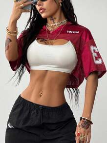 Coolane Women's Mesh Spliced Satin Print Short Sleeve Cropped Green Top - Burgundy - View 3