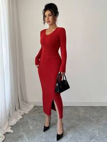 Elenzga 2pcs/Set Women Casual Solid Color Knitted Sweater And Skirt Set Fall Winter Cloth For Women - Burgundy - View 7