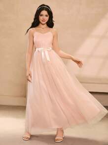 优雅的青少年花童礼服，四季婚礼派对礼服，虾粉色刺绣网眼吊带裙，适合青少年女孩，婚礼季节女孩奢华时尚薄纱蓬松公主裙 - 粉色 - 查看 5