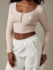 Missguided x Playboy Beige Striped Long Sleeve Henley Ribbed Crop Top Buttons Essential Loungewear Casual Basic Fall Winter Fashion Everyday Minimalist Style Front Button Placket Women - Multicolor - View 4