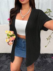 SHEIN EZwear Plus Size Casual Versatile Solid Color Hollow-Out Knitted Cardigan