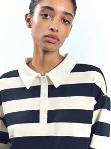 Maija 女士蓝杏条纹早春休闲长袖前扣宽松百搭简约百搭T恤上衣，节日