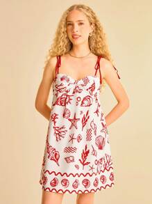 CAJUNI فستان قصير مع حمالات رفيعة واربطة، مطبوع بعناصر استوائية ساحلية مثل الصدف، فستان صيفي عادي للعطلة