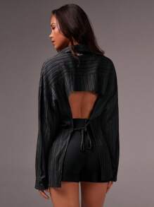 Athîral 女士休闲条纹露背系带衬衫 - 黑色 - 查看 5