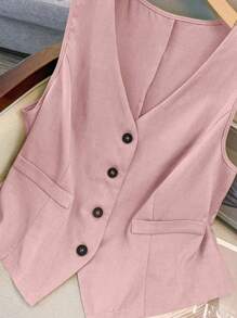 GlowEve CURVE Plus Size Summer Casual Plain Color Waistcoat & Shorts 2 Pieces Set - Pink - View 7