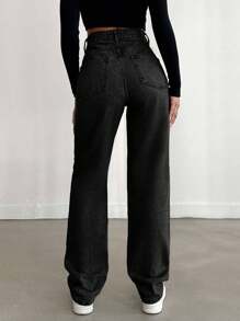 EURMUSE 100%Cotton Solid Color Straight Leg Jeans - Black - View 2