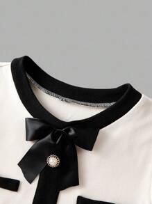 SHEIN MOD Váy ngắn tay ngắn màu tương phản tối giản dành cho nữ khi đi làm - Đen và trắng - Xem 3