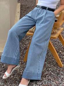 Dazy Plus 宽松阔腿卷边白色直筒长牛仔裤，四季皆宜 - 淺色水洗藍 - 查看 2