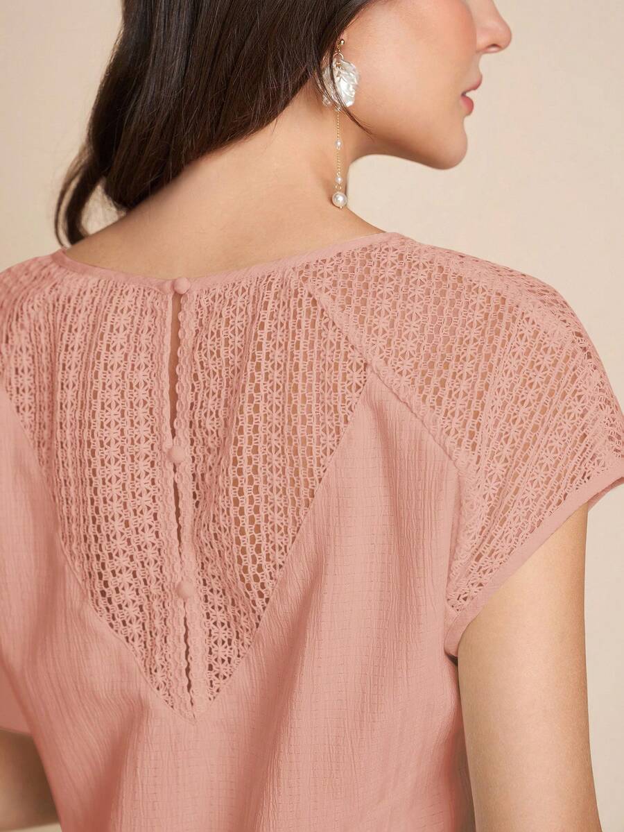 Amorya Reference White Lace Crochet Textured Button Back V-Neck Blouse