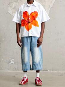 Manfinity Joysei 男士时尚花卉印花休闲衬衫，适合夏季 - 白色 - 查看 3