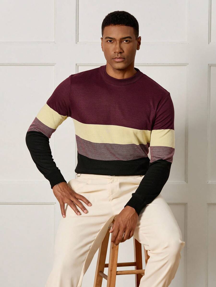Manfinity Homme Men's Autumn Contrast Color Striped Pullover Knit Sweater - Red - View 1