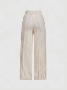 SHEIN MOD 女款松紧腰阔腿宽松针织长裤麻花图案，奶油色针织裤，麻花针织裤，秋冬针织阔腿裤 - 杏色 - 查看 3